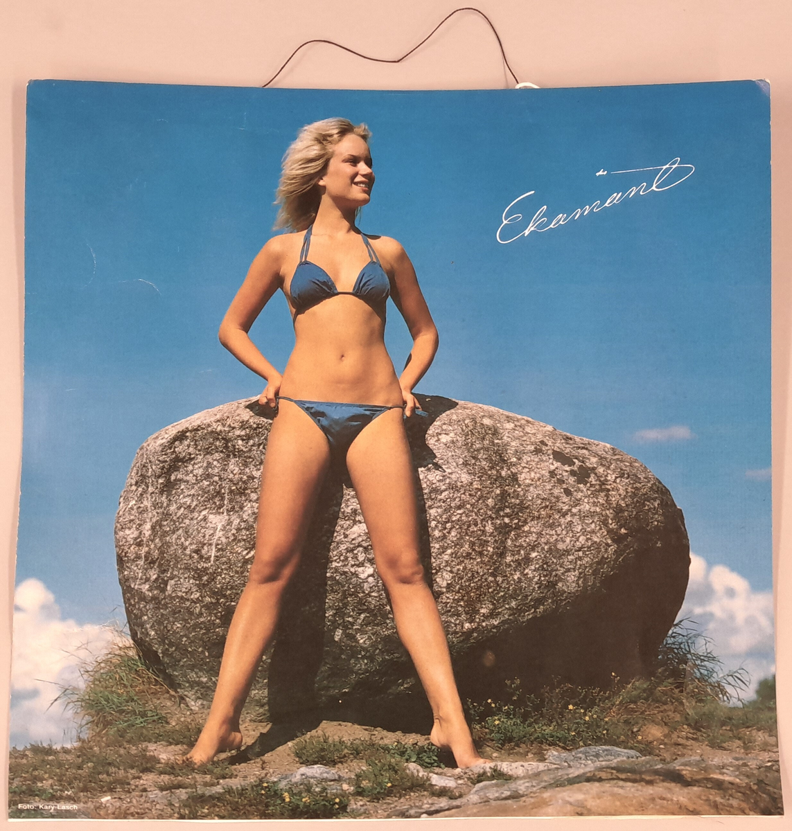 Bilde trykt på papir (fargefoto), til å henge på veggen. Papplist festa på baksida langs kanten øvst, med tynn snor festa under, slik at bildet kan henge i trådløkka. Motivet er bikinikledd jente framfor stein med blå himmel bak. 