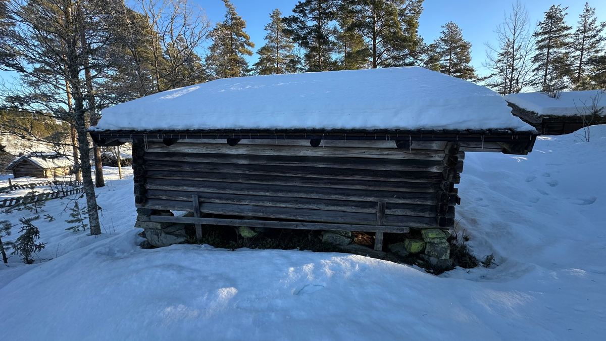 Sommerfjøs fra gården Bergane i Tørdal, oppført omkring 1850 og flyttet til bygdetunet i 1968. Fjøset var en gave fra Jon Bjørn Bergane.