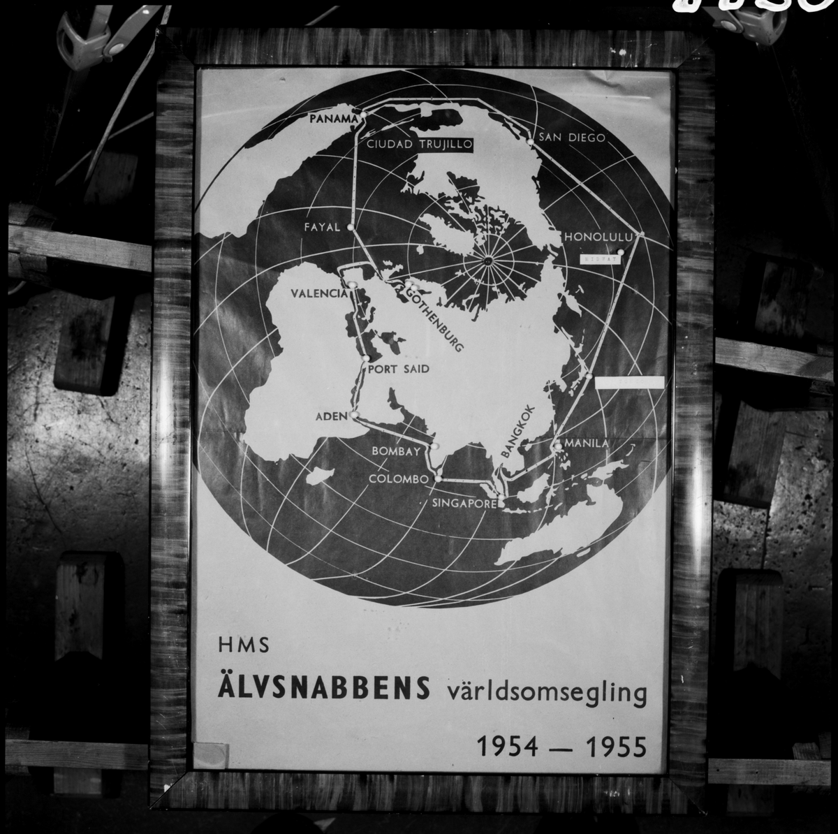 Karta som visar fjärdplanen av Älvsnabbens världsomsegling 1954-55.