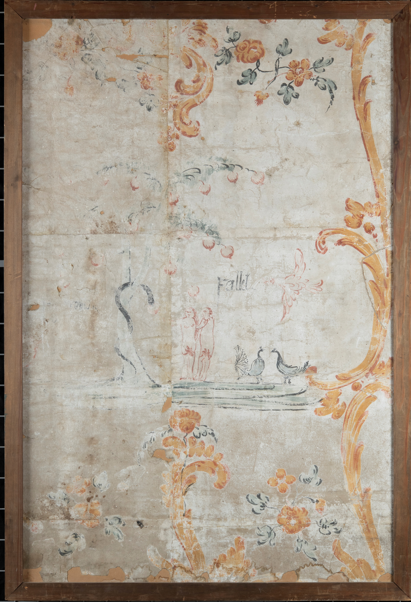 :6 David och Goliat. David med slunga Goliat med svärd. Växt och blomornament i förgrunden.