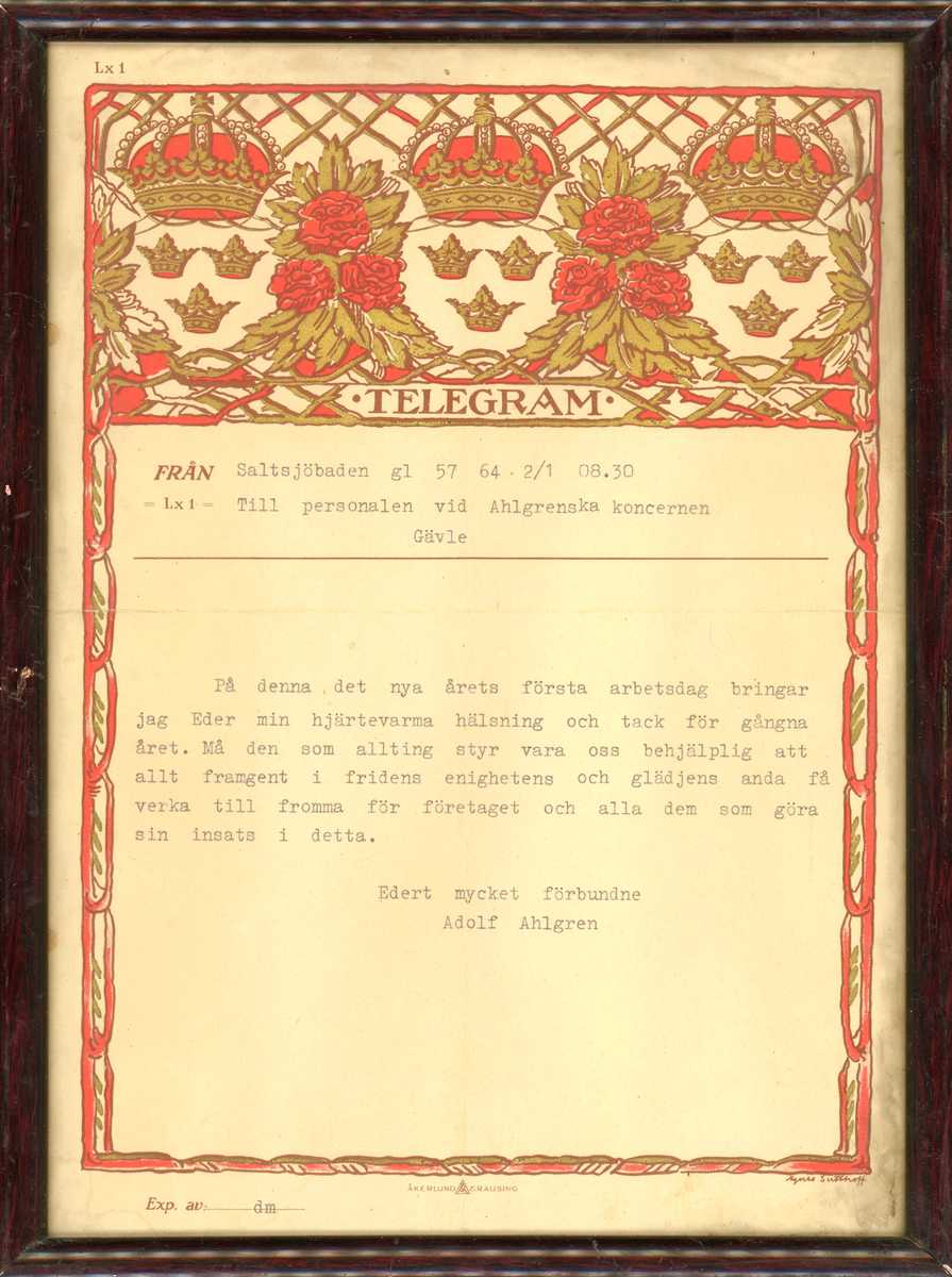 Telegram, inramade och inglasade. Samlingen innehåller 6 telegram från 1935 till 1965, skickade av A. Ahlgren till personalen, till Bengt Ahlgren samt till Ahlgrens fabrik från Norge (fadderhjälp till norska barn 1944). Alla telegram är arkiverade tillsammans av givaren i en arkivlåda märkt "TELEGRAM". Skador förekommer på de mörkbetsade träramarna.