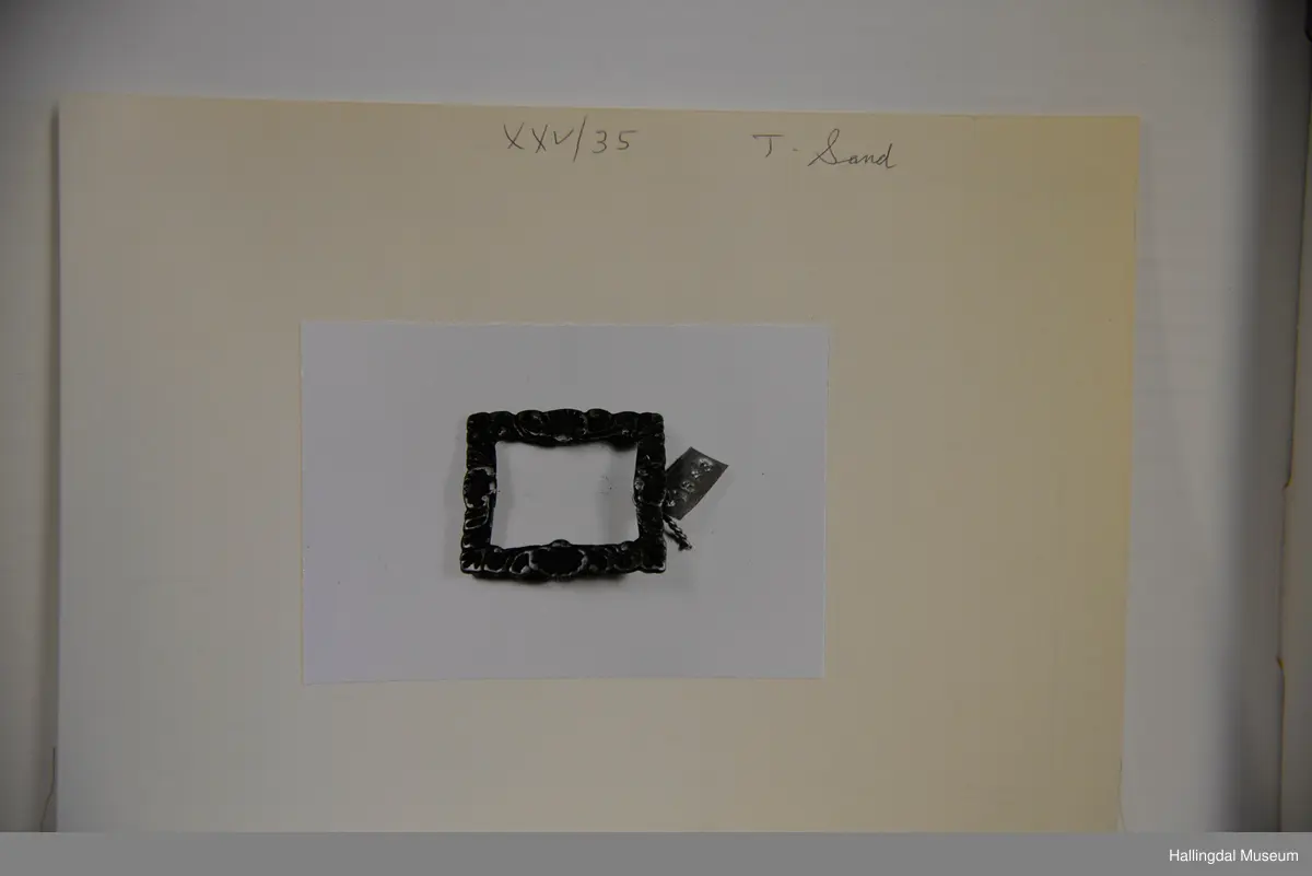 Del av spenne i messing (?). Rektangulær ramme, støypt blomsterornamentikkk, glatt på baksida. Stanga er borte.