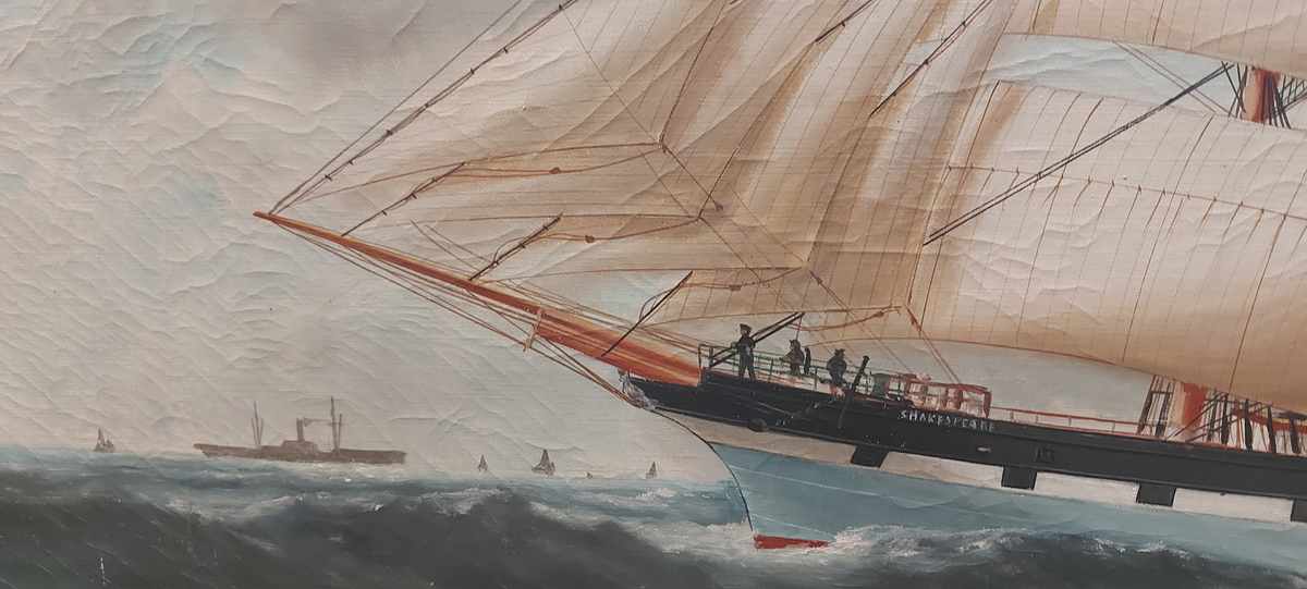 Oljemaleri på lerret, signert og datert “Ed. Adam, 1911, Havre, og montert i en forgylt, rikt utsmykket treramme med utvendig blomsterdekor, dette trolig i gips.

Deveron har sine signalflagg oppe, og i bakgrunnen ses en kyst og flere båter.