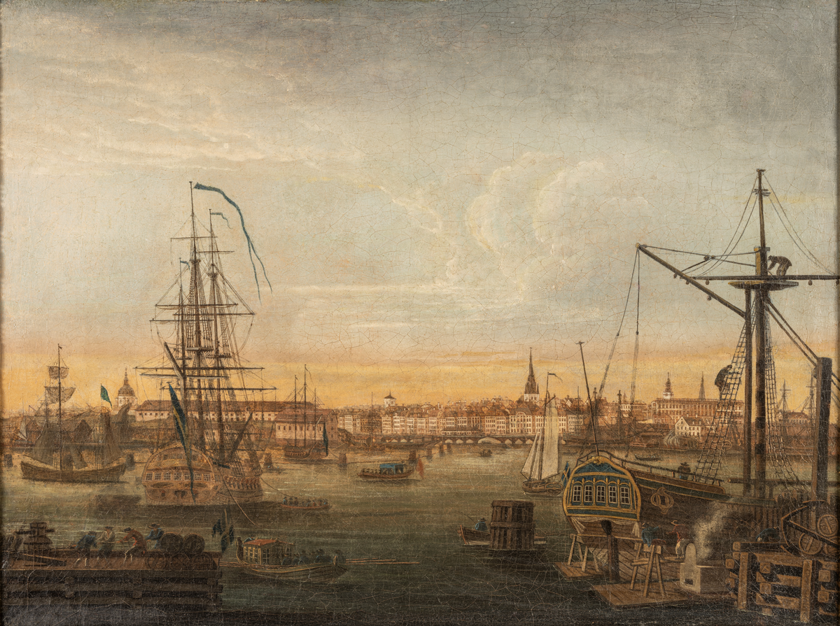 Oljemålning med örlogsfartyg liggande utanför skeppsvarvet Terra Nova i Stockholm, enligt uppgift utförd av Joseph Petterson Helin (1746–1809).