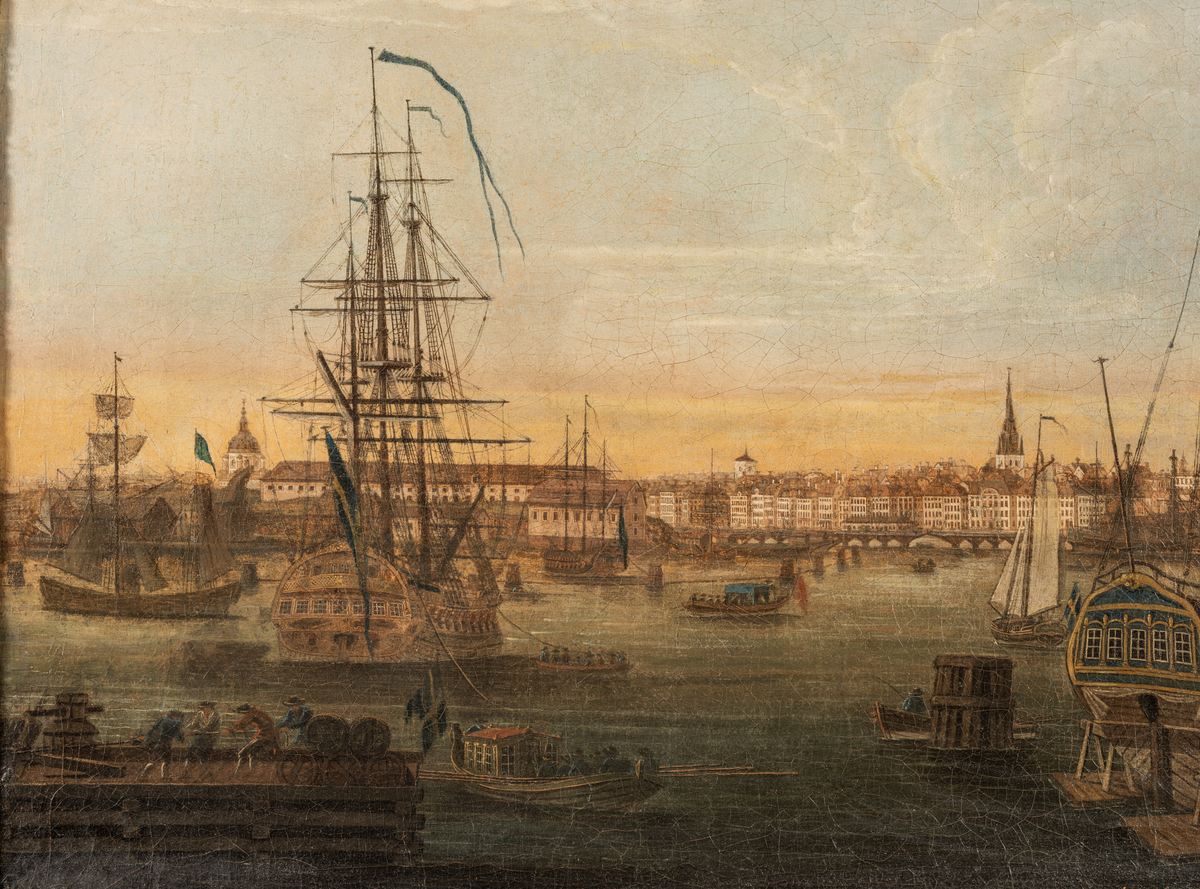 Oljemålning med örlogsfartyg liggande utanför skeppsvarvet Terra Nova i Stockholm, enligt uppgift utförd av Joseph Petterson Helin (1746–1809).