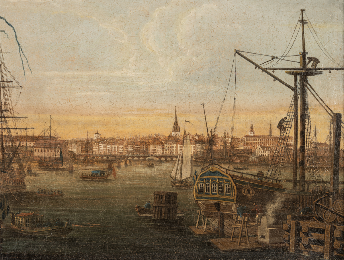 Oljemålning med örlogsfartyg liggande utanför skeppsvarvet Terra Nova i Stockholm, enligt uppgift utförd av Joseph Petterson Helin (1746–1809).