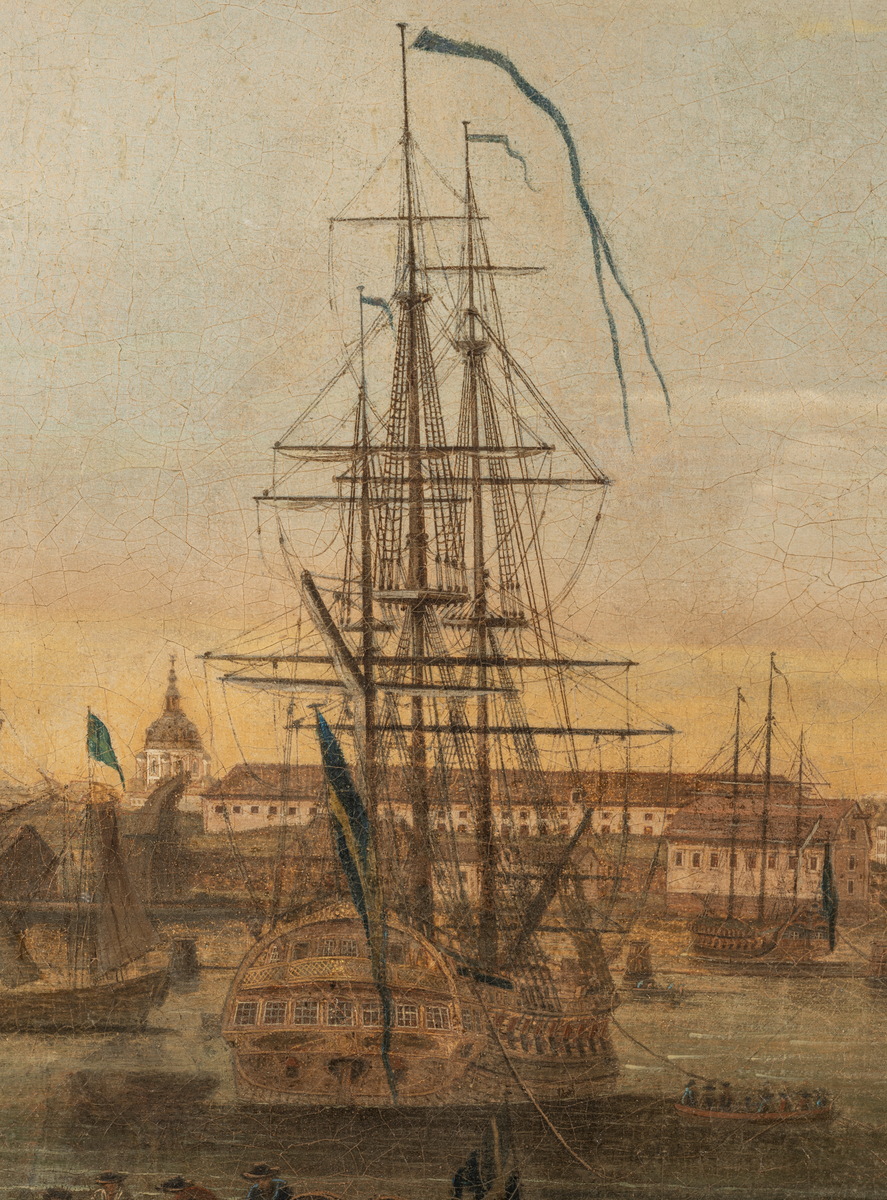 Oljemålning med örlogsfartyg liggande utanför skeppsvarvet Terra Nova i Stockholm, enligt uppgift utförd av Joseph Petterson Helin (1746–1809).