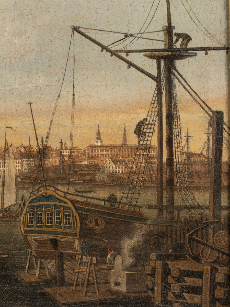 Oljemålning med örlogsfartyg liggande utanför skeppsvarvet Terra Nova i Stockholm, enligt uppgift utförd av Joseph Petterson Helin (1746–1809).