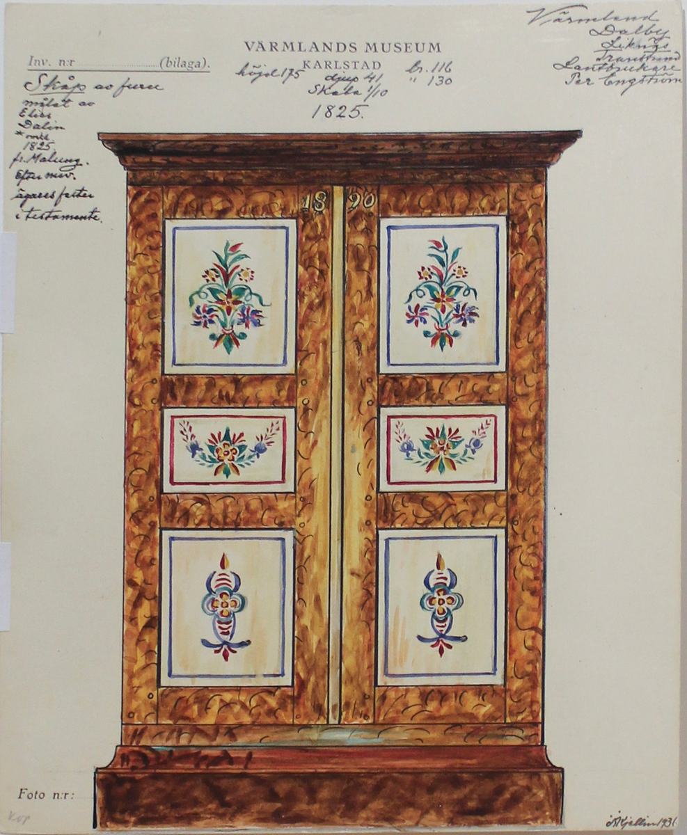 Skåp av furu. Dalby socken.
Akvarell av Sigrid Kjellin.