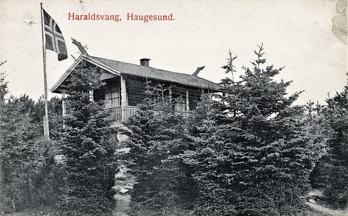 Postkort av hytta i Haraldsvang. Det siste kortet er uten dragehoder og har håndskrift på baksiden.