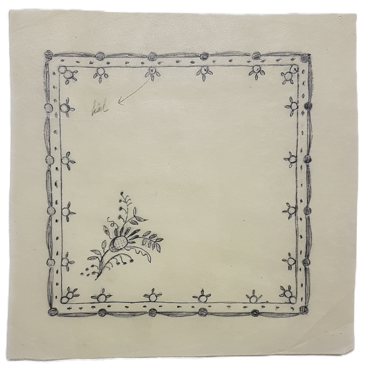 Mapp innehållande många små och stora skisser för spets, de minsta ca 12X12 cm och de större ca 70X100 cm. 
De blå skisserna troligen utförda i tekniken cyanotype, övriga i blyerts eller tusch.