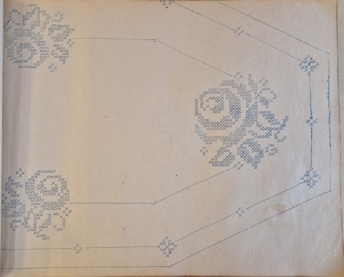 Varukatalog med broderimönster. Innehåller c:a 130 mönster + två "bokmärken." Svart pärm, mycket skadad. 