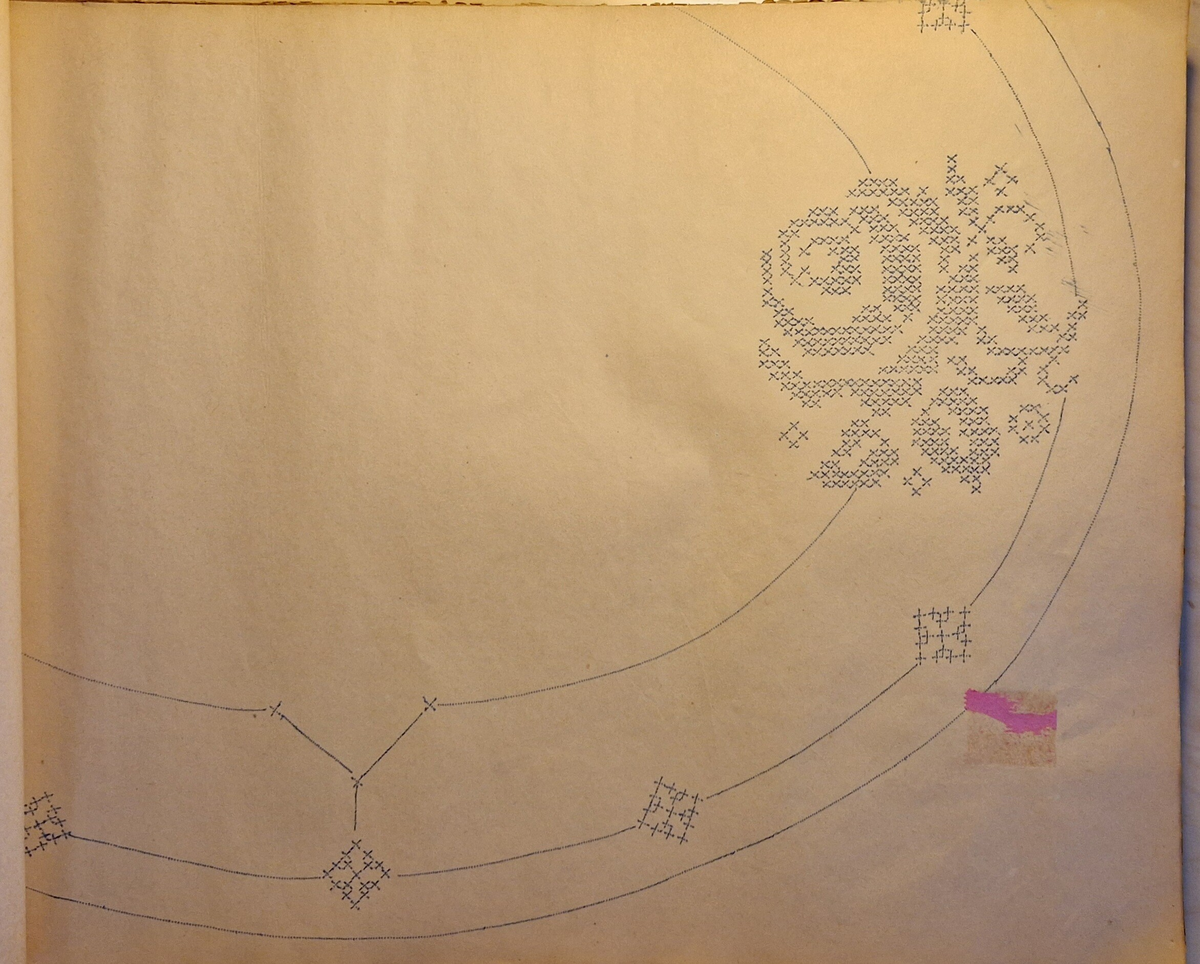 Varukatalog med broderimönster. Innehåller c:a 130 mönster + två "bokmärken." Svart pärm, mycket skadad. 