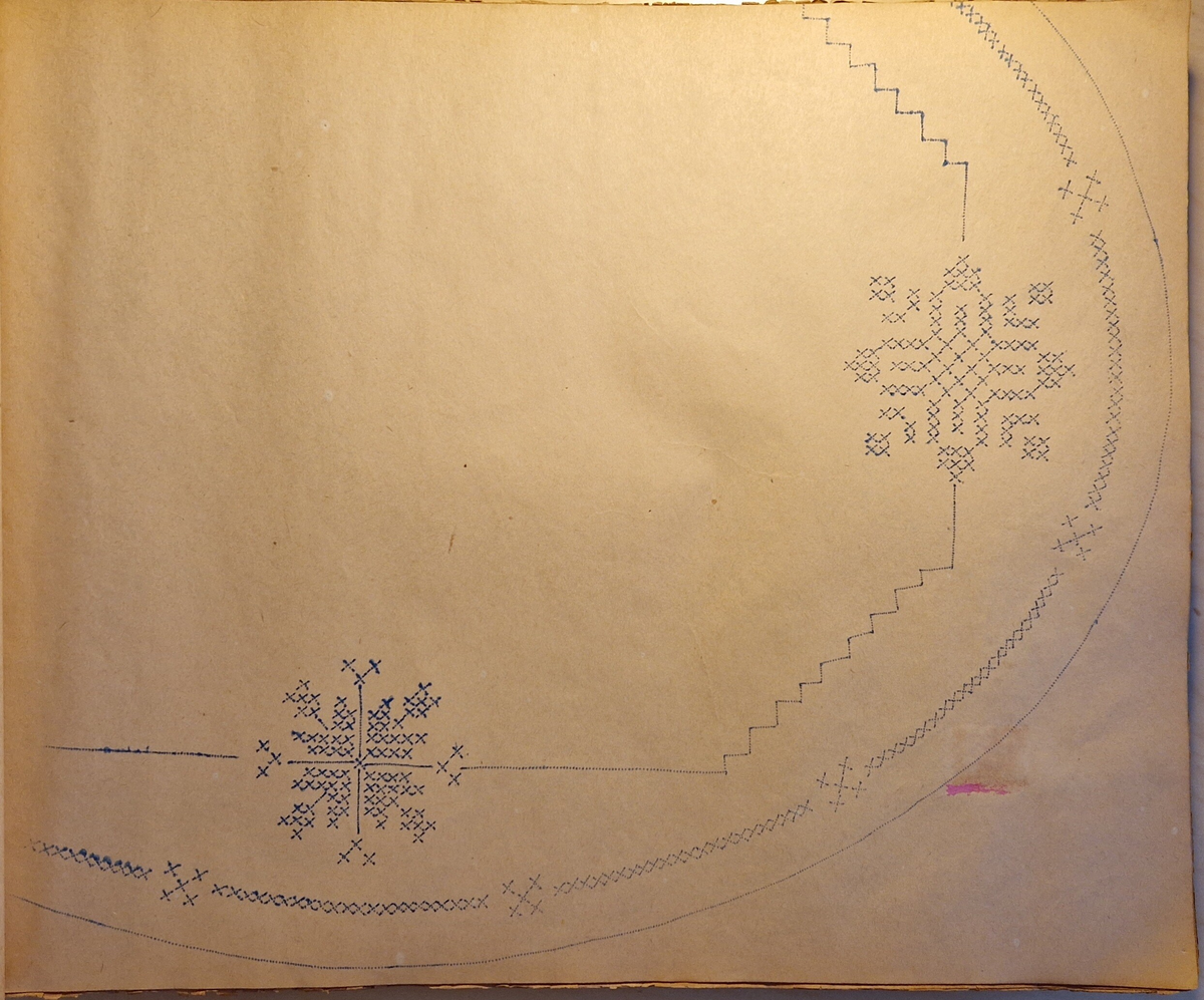 Varukatalog med broderimönster. Innehåller c:a 130 mönster + två "bokmärken." Svart pärm, mycket skadad. 