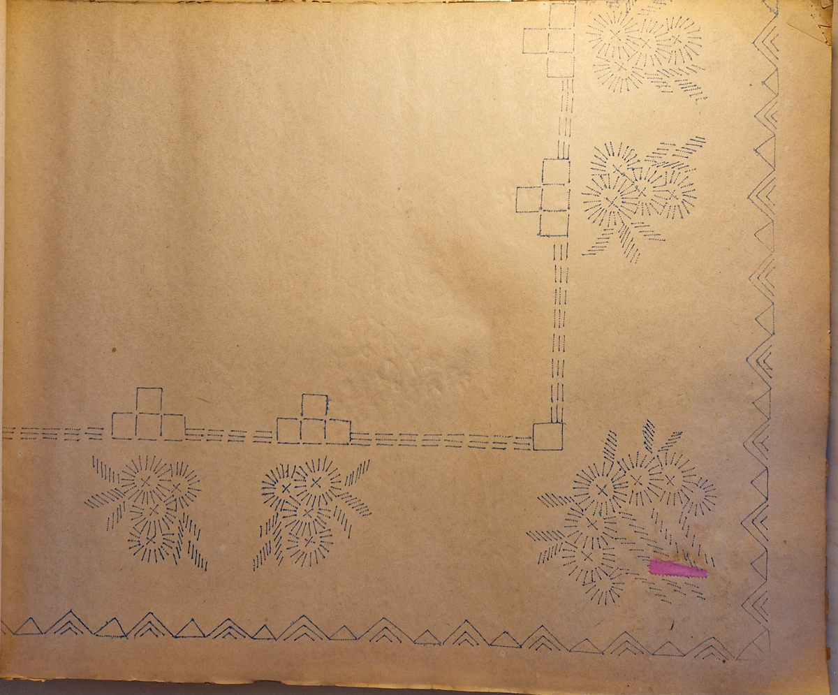 Varukatalog med broderimönster. Innehåller c:a 130 mönster + två "bokmärken." Svart pärm, mycket skadad. 