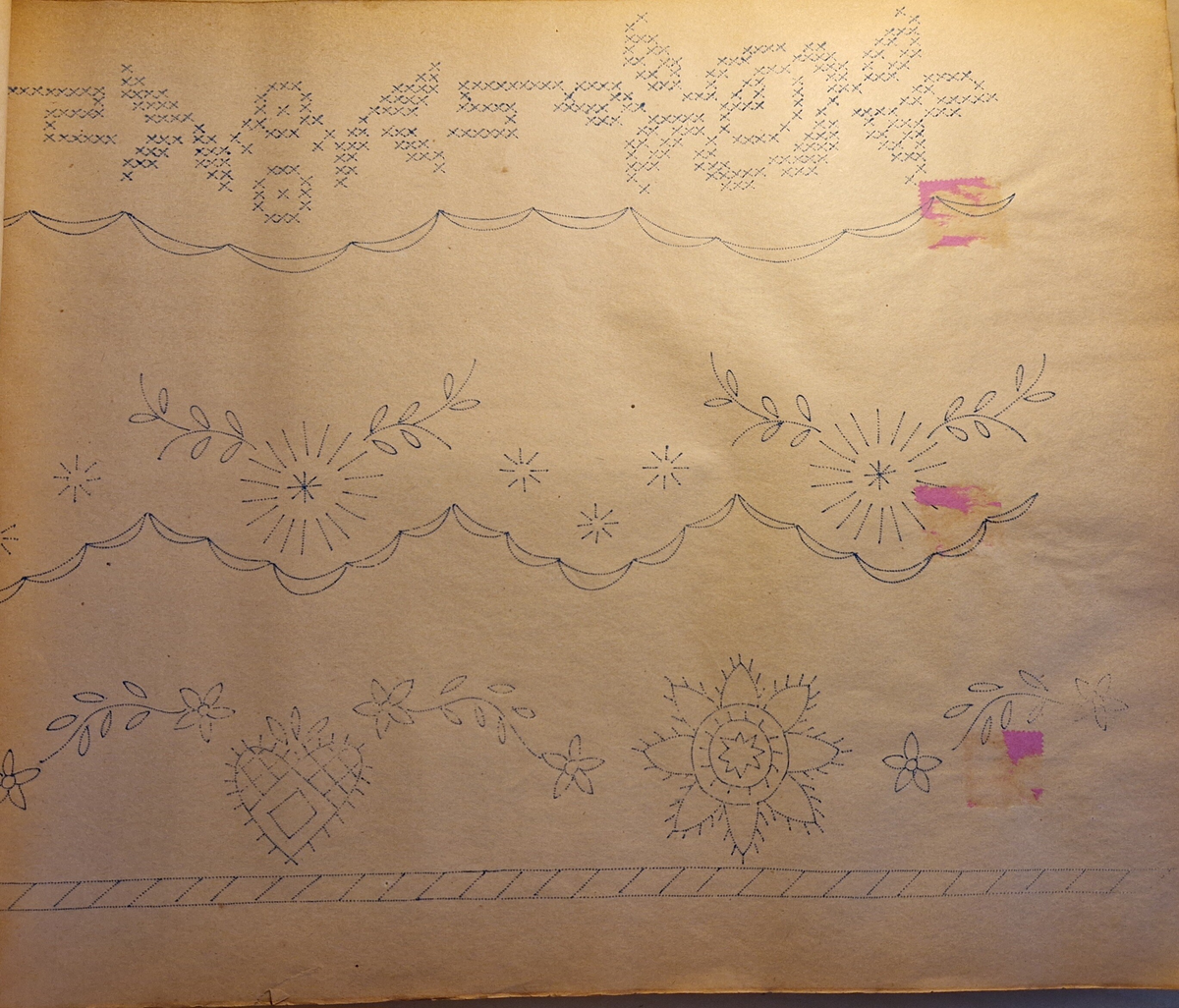 Varukatalog med broderimönster. Innehåller c:a 130 mönster + två "bokmärken." Svart pärm, mycket skadad. 