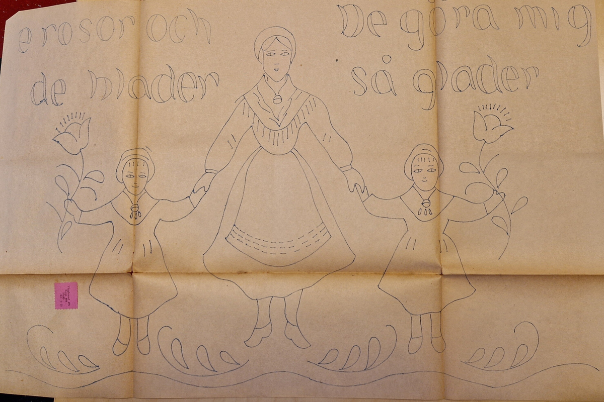Varukatalog med broderimönster. Innehåller c:a 130 mönster + två "bokmärken." Svart pärm, mycket skadad. 