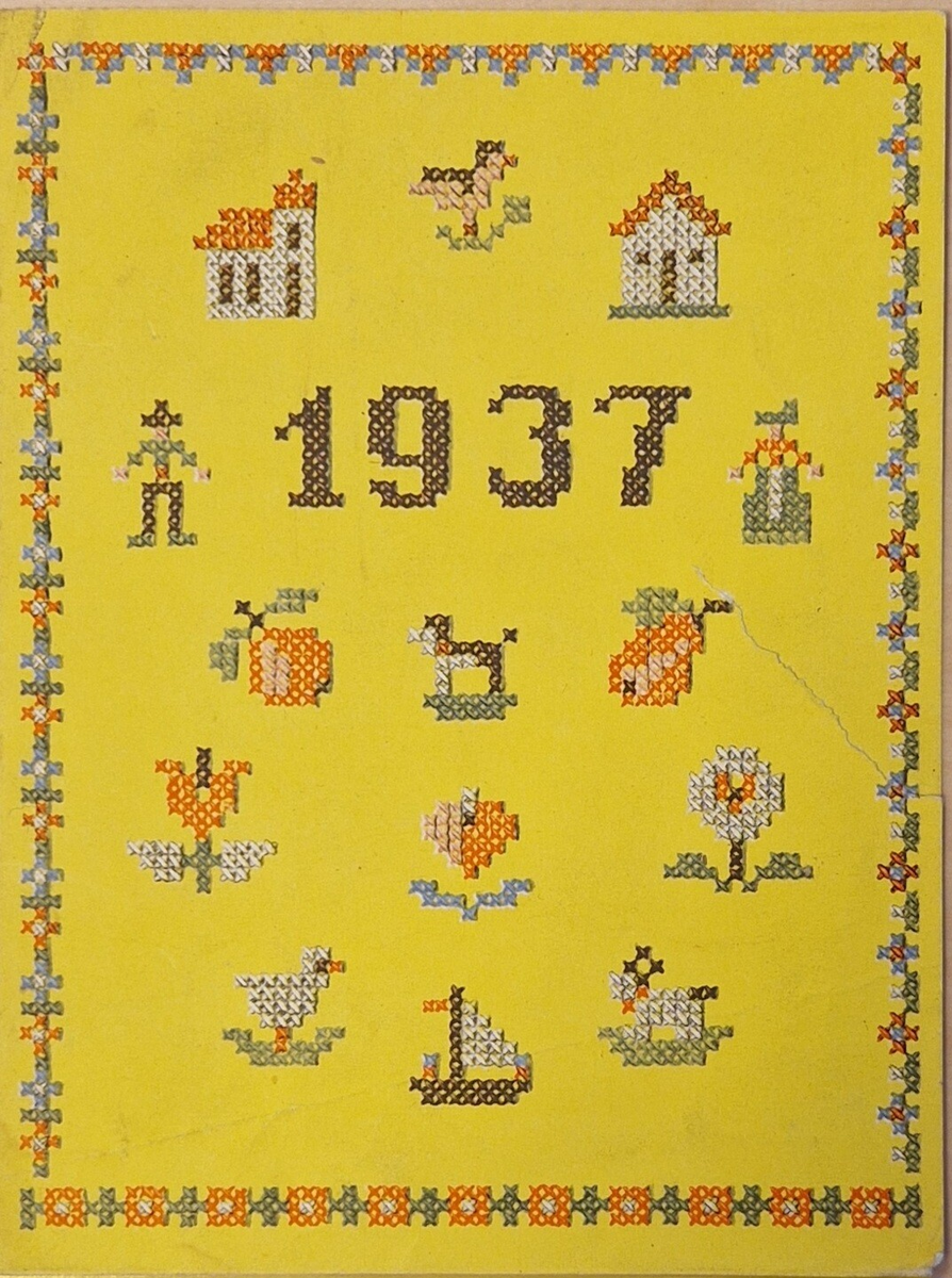 Varukatalog med broderimönster. Innehåller c:a 130 mönster + två "bokmärken." Svart pärm, mycket skadad. 