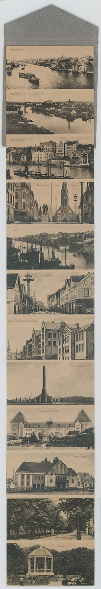 Små lystrykte foto fra Haugesund. Det er bilder av byen fra sjøsiden, Haugesjøen, indre kai, Torgbakken med statuen av fiskerne og Vår frelser kirke, Smedasundet, Strandgata, Breidablikk skole, Haualdshaugen, Lillesund skole, Festiviteten, Parkalléen (Oscars gate) og Byparken. Liten tittel i rødt øverst på hvert bilde.