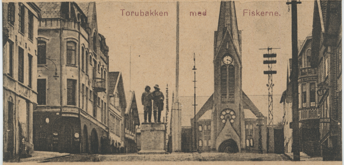 Små lystrykte foto fra Haugesund. Det er bilder av byen fra sjøsiden, Haugesjøen, indre kai, Torgbakken med statuen av fiskerne og Vår frelser kirke, Smedasundet, Strandgata, Breidablikk skole, Haualdshaugen, Lillesund skole, Festiviteten, Parkalléen (Oscars gate) og Byparken. Liten tittel i rødt øverst på hvert bilde.