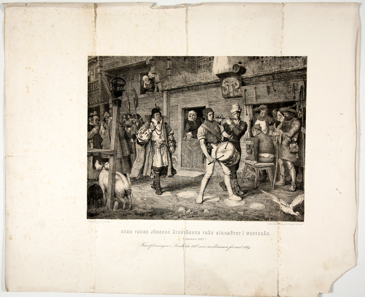 Etsning.
Medeltida stadsgata med en en myndig herre, företrädd av några musikanter.
Under bilden text: "Herr Thure Jönsson återvänder från riksmötet i Westerås (Johannis 1527) ".