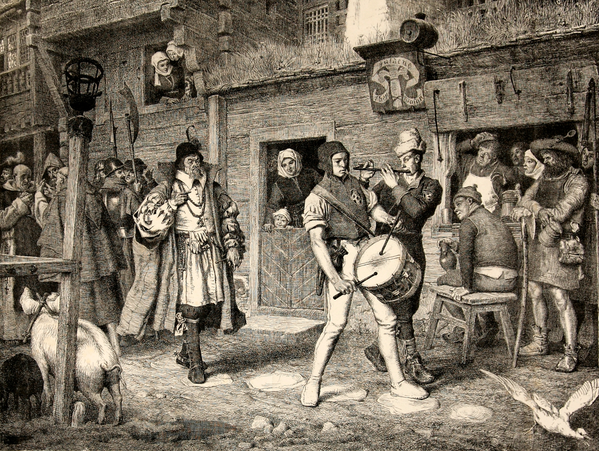 Etsning.
Medeltida stadsgata med en en myndig herre, företrädd av några musikanter.
Under bilden text: "Herr Thure Jönsson återvänder från riksmötet i Westerås (Johannis 1527) ".