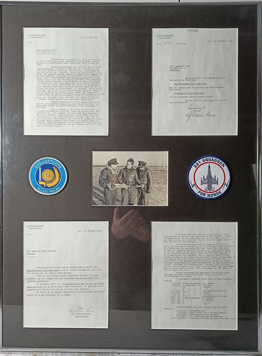 Samling av bilde av Rolf Arne Berg, patch fra 331 skv og flere skriv.