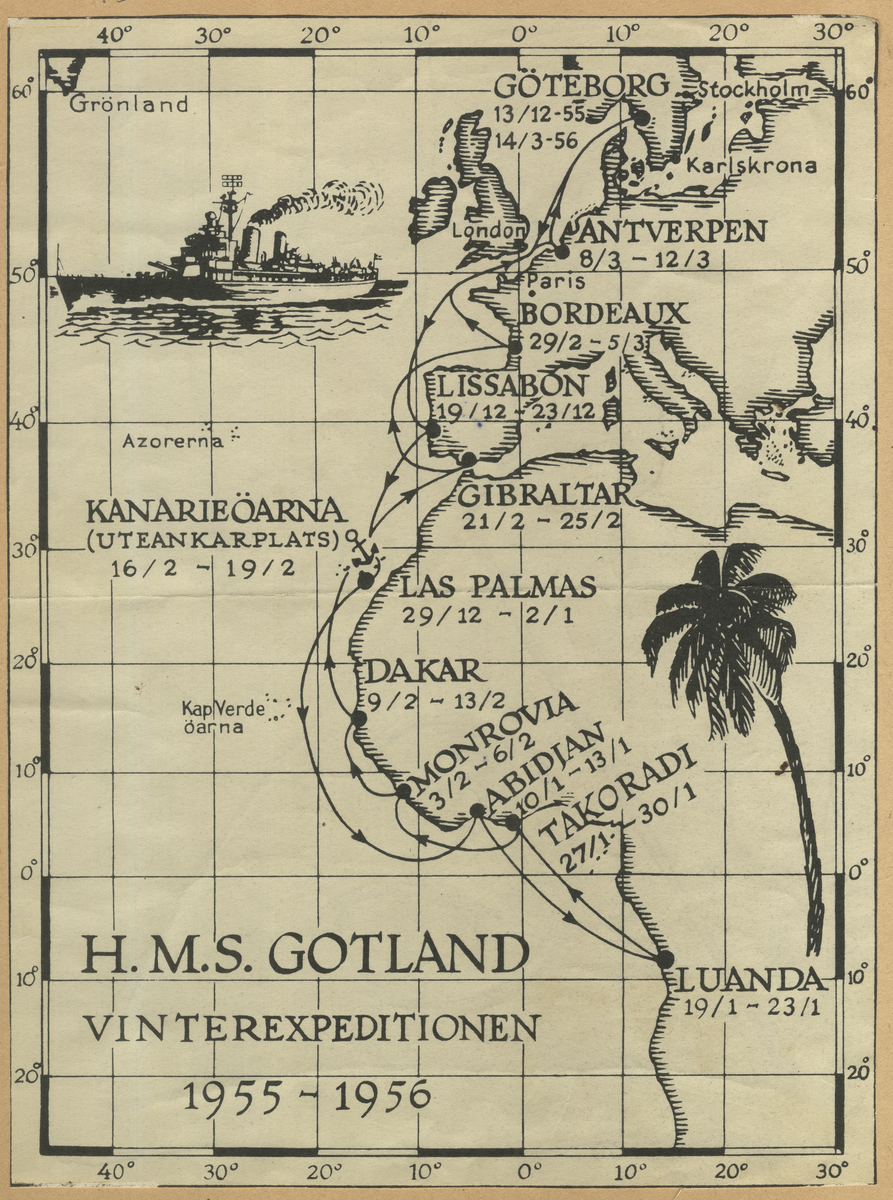 Kartan visar färdvägen av Gotlands långresa 1955-56-.