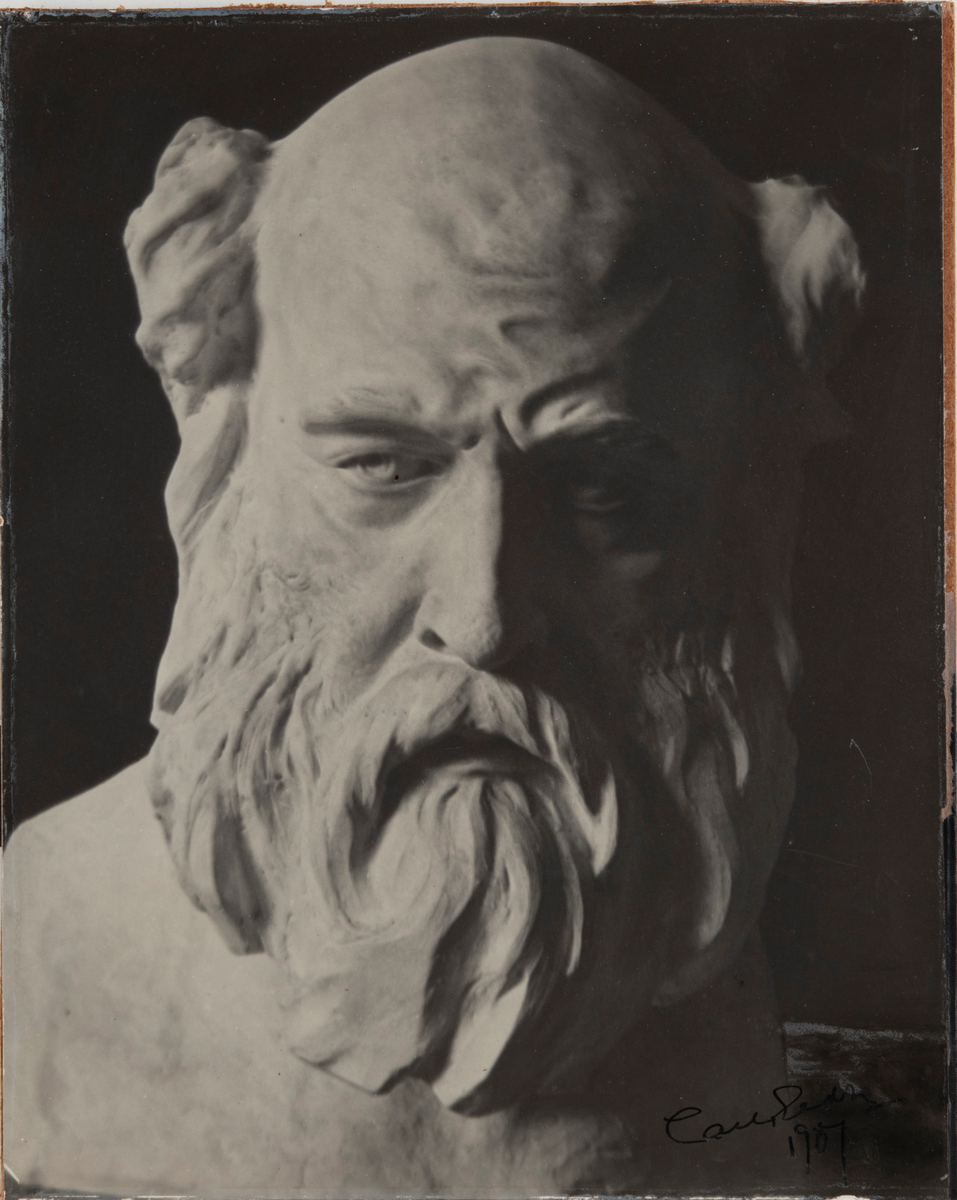 Foto av Gustaf Frödings byst 1907, monterat inom glas och ebenholtzram.