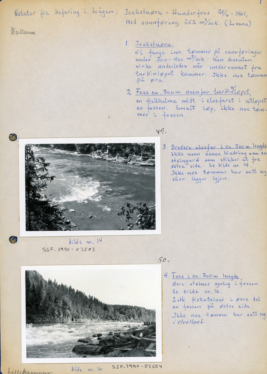Fra nedre del av Gudbrandsdalslågen, nærmere bestemt strekningen mellom Hunderfossen og Isakstuøra, der elva var kommunegrense mellom Øyer på østsida og Fåberg på vestsida av vassdraget. Dette fotografiet er tatt fra elvebrinken på Øyer-sida, med kameraet vendt skrått i medstrøms retning, på et sted der Lågen rant gjennom et berglendt terreng med et visst fall. På Fåberg-sida, øverst til venstre i bildet, skimter vi et parti der det sto ei pålerekke. Dette fotografiet ble tatt i 1959, altså på et tidspunkt da representantskapet i selskapet Opplandskraft hadde kjøpt fallrettighetene i Hunderfossen og Ensbyfallene med sikte på kraftutbygging og startet forbedende prosjekteringsarbeider. Ettersom gjeldende lov om vassdragsreguleringer forutsatte at regulanten skulle tilstrebe at inngrepene i minst mulig grad skulle medføre ulempe og skade på eksisterende bruk av vassdragene, er det nærliggende å anta at fløtingsfunksjonæren som tok dette fotografiet var opptatt av å dokumentere forholdene før kraftverket ble etablert. På det albumarket der kopien av dette fotografiet ble montert finner vi følgende notat fra ei befaring den 25. juni 1961, da vannføringa ved Losna (noe høyere oppe i elveløpet) var 252 kubikkmeter i sekundet:

«4. Foss i ca. 300 m. lengde, store steiner synlig i fossen. Se bilde nr. 16 [Dette er bilde nr. 16 i dette albumet]. 2 stk. fisketeiner i øvre del av fossen på østre side. Ikke noe tømmer har satt seg i elveløpet.»

Det vi ser til høyre i den øvre delen av fossen er det som lokalt ble kalt et teinelag. Fiskeribiologen Hartvig Huitfeldt-Kaas skriver om disse fiskeinnretningene i boka «Mjøsens fisker og fiskerier» (1917):

«Teinlagene er gjerdelignende indretninger eller garer, hvori anbrakt en række store av kløvde grankvister forarbeidede teiner (eller ruser), som opstilles paa strømhaarde steder i kanten av mindre fosser eller sterke stryk paa saadan maate at ørreten, under sine forsøk paa at slippe forbi disse vanskelig passable steder, ledes ind i teinene. Som regel er der et stykke nedenfor teinene en forholdvis rolig plads, hvor ørreten uten vanskelighet kan holde sig mot strømmen, men nærmest teineaapningen et meget strømhaardt parti, som tvinger ørreten til med en større kraftanspændelse og stor fart at kaste sig ind i teinen. Fangstutbyttet avhænger i høi grad av at disse forhold er omhyggelig avveiet, og at teinene i det hele er rigtig opstillet.»