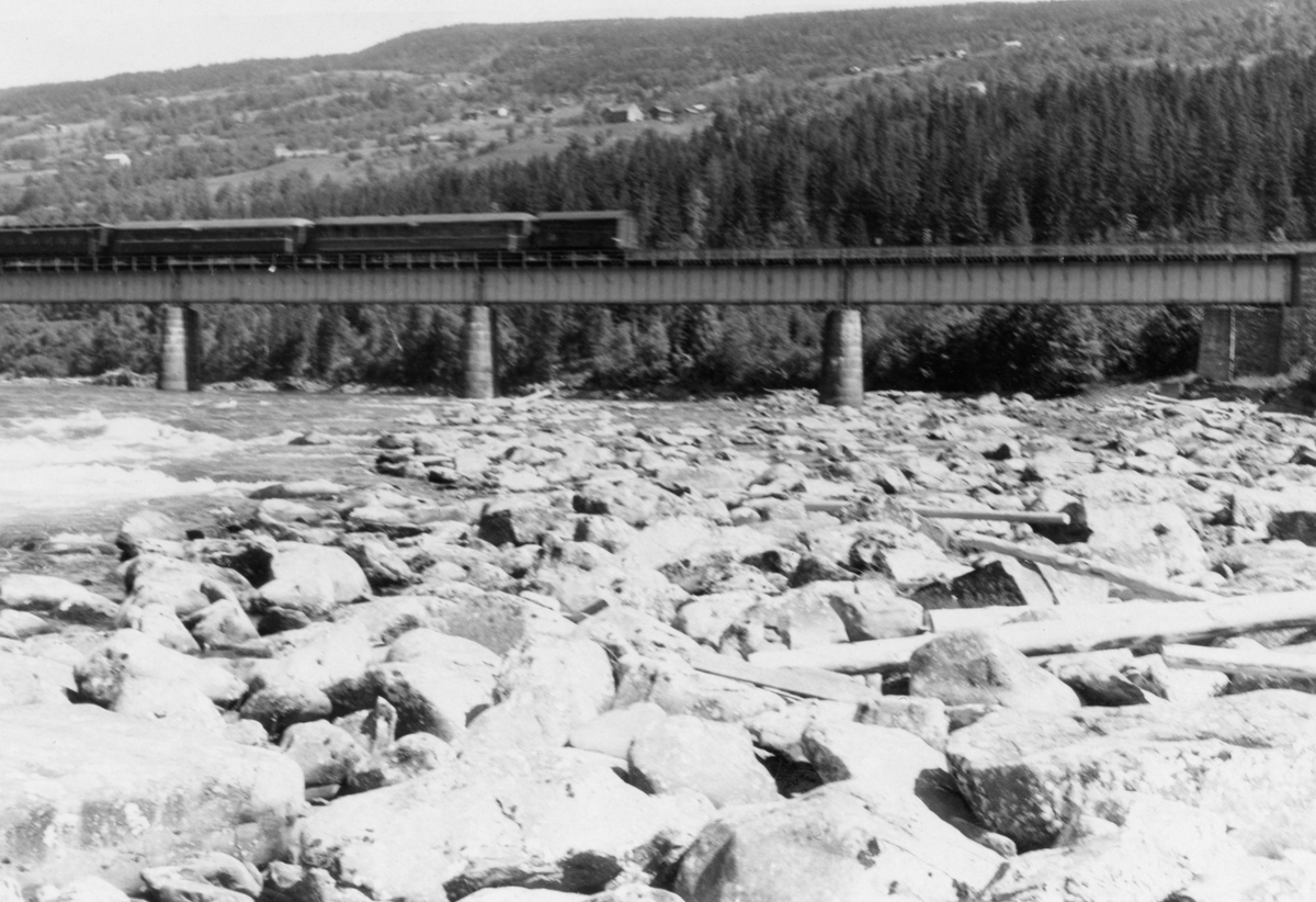 Fra nedre del av Gudbrandsdalslågen, nærmere bestemt strekningen mellom Hunderfossen og Isakstuøra, der elva var kommunegrense mellom Øyer på østsida og Fåberg på vestsida av vassdraget. Dette fotografiet er tatt fra elvebrinken på Øyer-sida, med kameraet vendt skrått i medstrøms retning, på et sted der Lågen rant gjennom et berglendt terreng med et visst fall. På Fåberg-sida, øverst til venstre i bildet, skimter vi et parti der det sto ei pålerekke. Dette fotografiet ble tatt i 1961, altså på et tidspunkt da representantskapet i selskapet Opplandskraft hadde kjøpt fallrettighetene i Hunderfossen og Ensbyfallene med sikte på kraftutbygging og startet forbedende prosjekteringsarbeider. Ettersom gjeldende lov om vassdragsreguleringer forutsatte at regulanten skulle tilstrebe at inngrepene i minst mulig grad skulle medføre ulempe og skade på eksisterende bruk av vassdragene, er det nærliggende å anta at fløtingsfunksjonæren som tok dette fotografiet var opptatt av å dokumentere forholdene før kraftverket ble etablert. På det albumarket der kopien av dette fotografiet ble montert finner vi følgende notat fra ei befaring Dette fotografiet er tatt under ei befaring 25. juni 1961, da vannføringa i Losna (noe høyere oppe i elveløpet) var 252 kubikkmeter i sekundet. Her har fotografen stått på steinøra mot den østre elvebredden og hatt bilde i motstrøms retning. I forgrunnen ser vi en del fløtingstømmer som lå igjen på øra etter at vårflommen var over. Til venstre ser vi kvitskummende vann som tydelig vitner om at det var store steinblokker også i djupålen i elva. Vi ser også jernbanebrua der nordgående tog var på veg mot Baksida – vestsida av dalføret – da dette fotografiet ble tatt. I bakgrunnen skimter vi en del av gardsbrukene i den søndre delen av Øyer-bygda. Som en kommentar til akkurat dette motivet har fotografen skrevet:

«Bilde nr. 42 viser den grovsteinete ør nedenfor jernbanebroen på nært hold.»

For Glomma fellesfløtingsforenings del var det knyttet atskillig spenning til hvordan fløtinga ville arte seg på denne strekningen når kraftstasjonen ved Hunderfossen ble satt i drift. Fra da av ville nemlig mye av vannet gå gjennom turbinene og via en underjordisk avløpskanal som skulle munne ut i Lågen igjen ved Isakstua, snaut fire kilometer nedenfor.