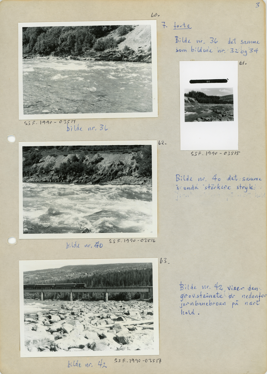 Fra nedre del av Gudbrandsdalslågen, nærmere bestemt strekningen mellom Hunderfossen og Isakstuøra, der elva var kommunegrense mellom Øyer på østsida og Fåberg på vestsida av vassdraget. Dette fotografiet er tatt fra elvebrinken på Øyer-sida, med kameraet vendt skrått i medstrøms retning, på et sted der Lågen rant gjennom et berglendt terreng med et visst fall. På Fåberg-sida, øverst til venstre i bildet, skimter vi et parti der det sto ei pålerekke. Dette fotografiet ble tatt i 1961, altså på et tidspunkt da representantskapet i selskapet Opplandskraft hadde kjøpt fallrettighetene i Hunderfossen og Ensbyfallene med sikte på kraftutbygging og startet forbedende prosjekteringsarbeider. Ettersom gjeldende lov om vassdragsreguleringer forutsatte at regulanten skulle tilstrebe at inngrepene i minst mulig grad skulle medføre ulempe og skade på eksisterende bruk av vassdragene, er det nærliggende å anta at fløtingsfunksjonæren som tok dette fotografiet var opptatt av å dokumentere forholdene før kraftverket ble etablert. På det albumarket der kopien av dette fotografiet ble montert finner vi følgende notat fra ei befaring Dette fotografiet er tatt under ei befaring 25. juni 1961, da vannføringa i Losna (noe høyere oppe i elveløpet) var 252 kubikkmeter i sekundet. Her har fotografen stått på steinøra mot den østre elvebredden og hatt bilde i motstrøms retning. I forgrunnen ser vi en del fløtingstømmer som lå igjen på øra etter at vårflommen var over. Til venstre ser vi kvitskummende vann som tydelig vitner om at det var store steinblokker også i djupålen i elva. Vi ser også jernbanebrua der nordgående tog var på veg mot Baksida – vestsida av dalføret – da dette fotografiet ble tatt. I bakgrunnen skimter vi en del av gardsbrukene i den søndre delen av Øyer-bygda. Som en kommentar til akkurat dette motivet har fotografen skrevet:

«Bilde nr. 42 viser den grovsteinete ør nedenfor jernbanebroen på nært hold.»

For Glomma fellesfløtingsforenings del var det knyttet atskillig spenning til hvordan fløtinga ville arte seg på denne strekningen når kraftstasjonen ved Hunderfossen ble satt i drift. Fra da av ville nemlig mye av vannet gå gjennom turbinene og via en underjordisk avløpskanal som skulle munne ut i Lågen igjen ved Isakstua, snaut fire kilometer nedenfor.