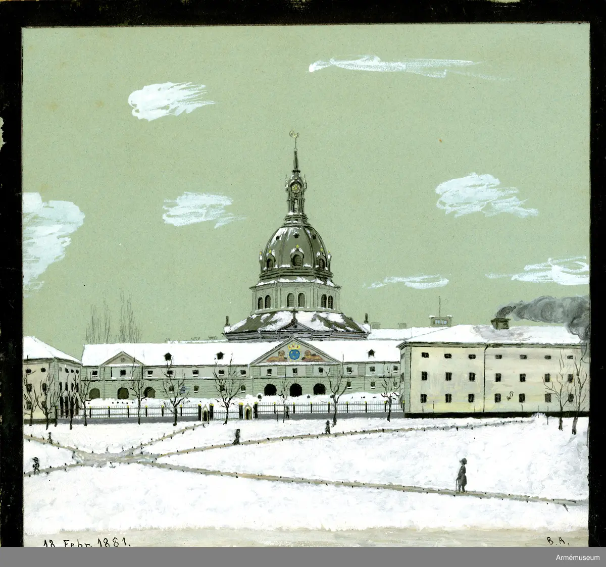 Artillerimuseum har ännu inte fått sin tredje våning.
Konstnären står på Artilleriplanen där nu Hovstallet ligger.
Daterad 18/2 1881.