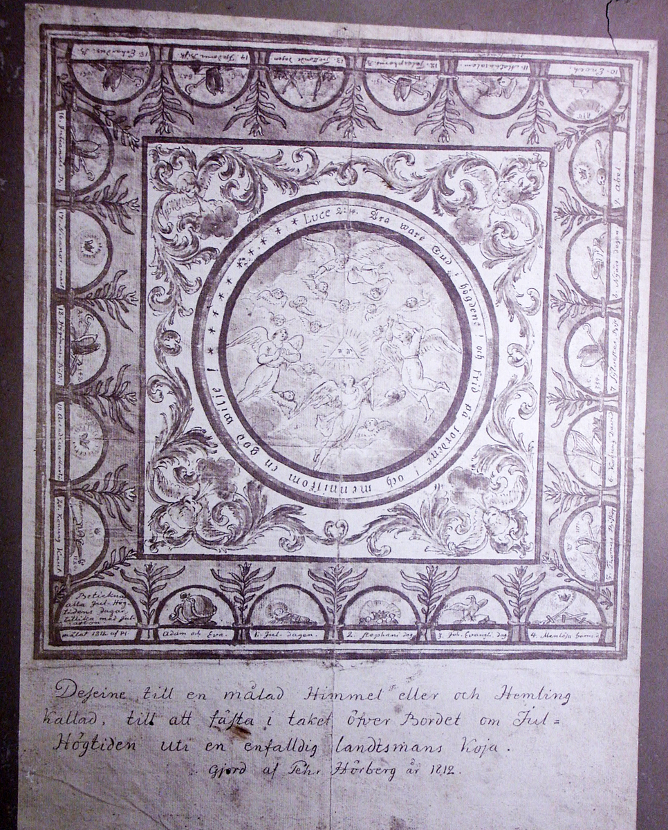 Foto på den s.k. himlingen, målad av Pehr Hörberg 1812.
Uppfodrad på kartong.

Inskrivet i huvudbok 1879.
Montering/Ram: Monterad på kartong