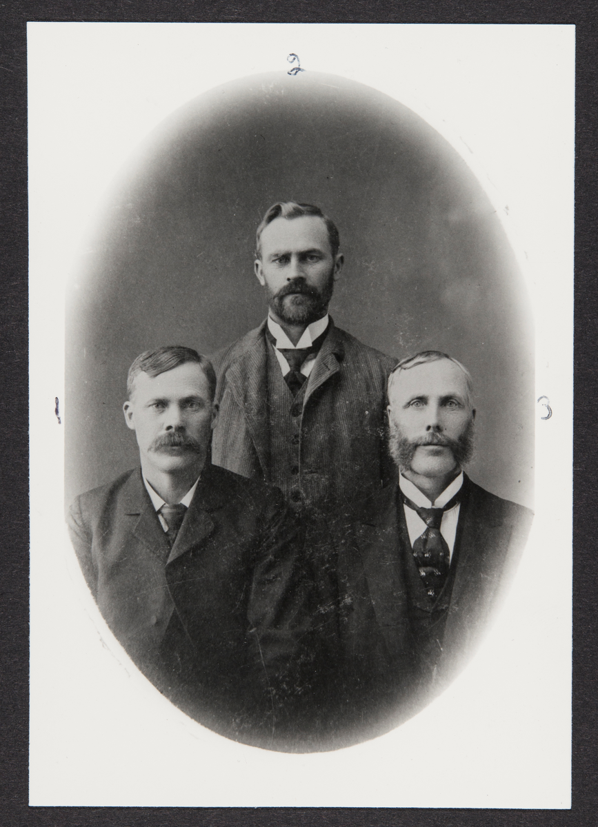 Atelierbilde av tre menn i dress.
Fra venstre mot høyre:
Gustav Gunderson, Yankton, S.D.
Bernt Gunderson, Yankton, S.D.
Thore Gunderson, Beloit, Iowa