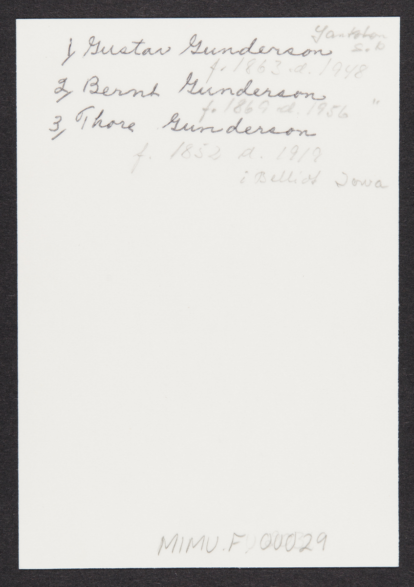 Atelierbilde av tre menn i dress.
Fra venstre mot høyre:
Gustav Gunderson, Yankton, S.D.
Bernt Gunderson, Yankton, S.D.
Thore Gunderson, Beloit, Iowa