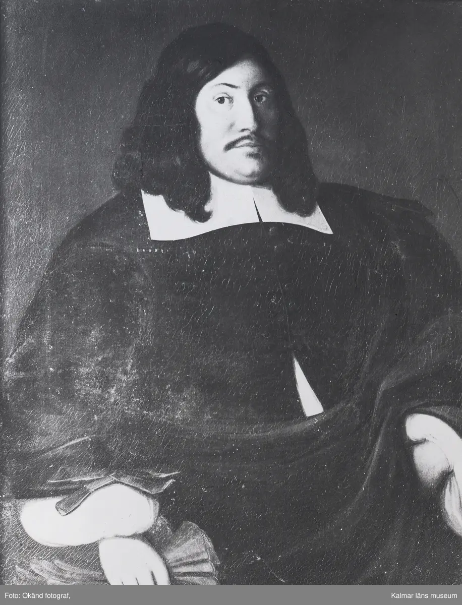 En svartvit reproduktion av en oljemålning föreställande brukspatron Hans Andersson som ägde Ankarsrums bruk från 1680 fram till sin död 1724.
