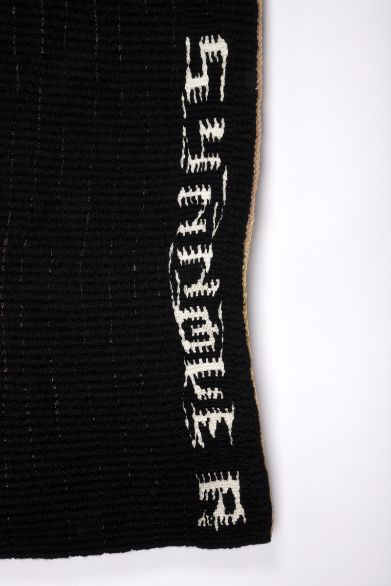 Motivet er todelt. Den ene halvdelen i hovedsak sort, den andre er sort hvit med motiv. Motivet viser dyresymboler, stilliserte ansikt og annet fordelt på tre horistonale felt. Motivet danner et mønster med en ornamental og repeterende karakter.