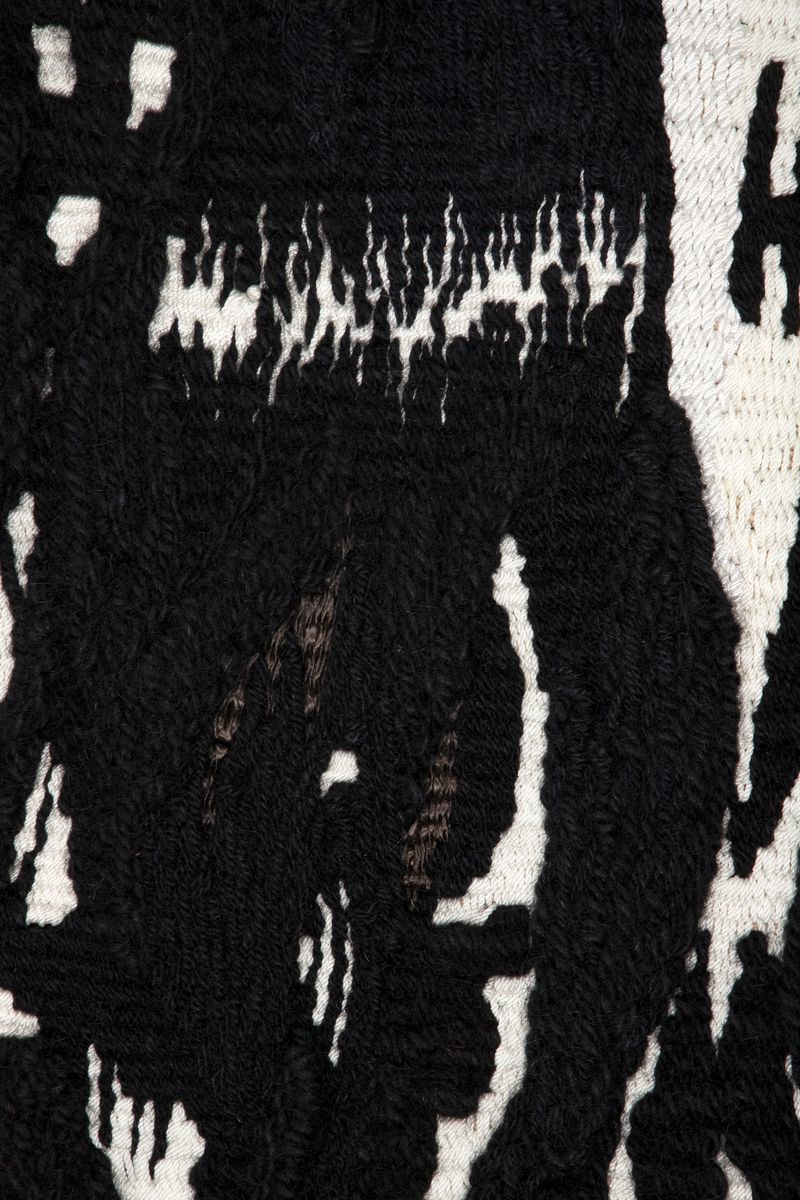 Motivet er todelt. Den ene halvdelen i hovedsak sort, den andre er sort hvit med motiv. Motivet viser dyresymboler, stilliserte ansikt og annet fordelt på tre horistonale felt. Motivet danner et mønster med en ornamental og repeterende karakter.