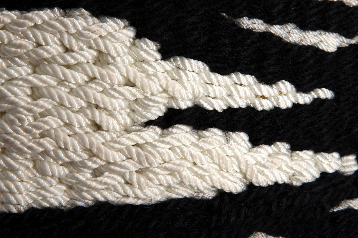Motivet er todelt. Den ene halvdelen i hovedsak sort, den andre er sort hvit med motiv. Motivet viser dyresymboler, stilliserte ansikt og annet fordelt på tre horistonale felt. Motivet danner et mønster med en ornamental og repeterende karakter.