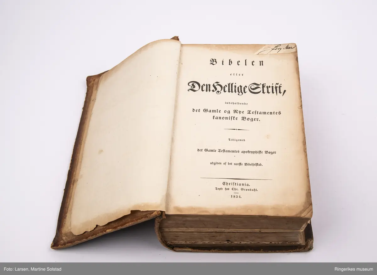 Bibel trukket i skinn. Trykket i 1854 i Christiania.