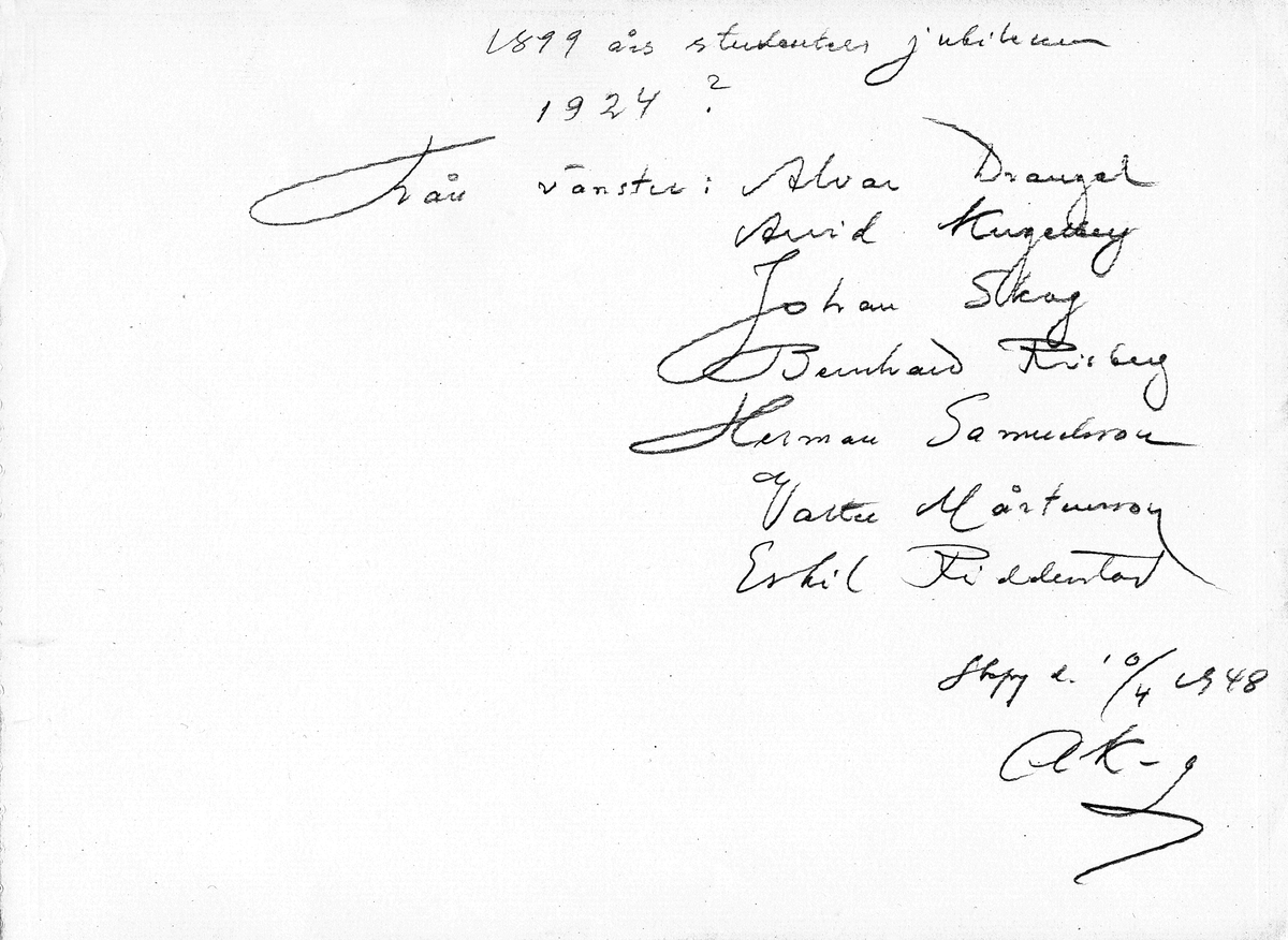 Studentjubilarer från Linköpings högre allmänna läroverk samlade för fotografering. Sannolikt 1924 och 25-årsjubileum av examen. Från vänster ser vi Alvar Drangel, Arvid Kugelberg, Johan Skog, lektor Bernhard Risberg, Herman Samuelsson, Valter Mårtensson och Eskil Ridderstad.