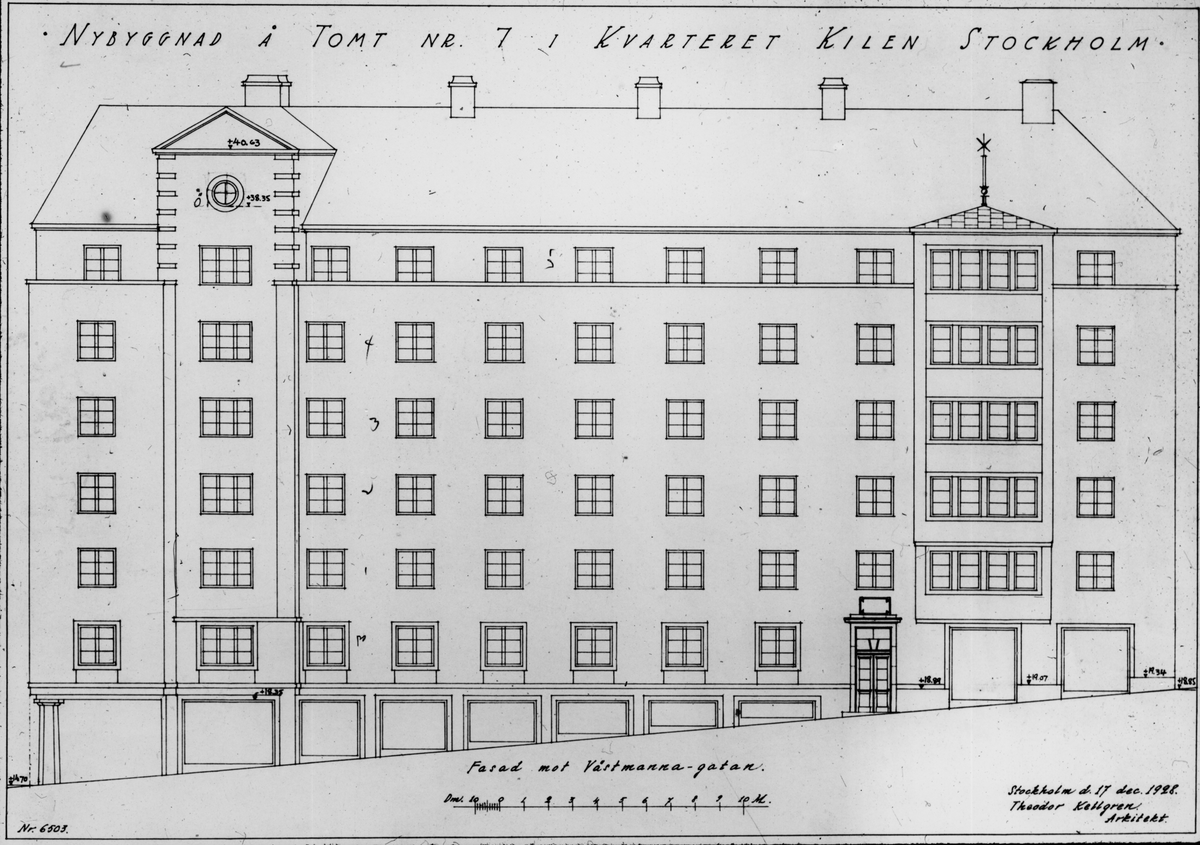 Byggherre: Byggnadsaktiebolaget Contractor, Stockholm. Ritning: Nybyggnad i tomt nr 7 i kvarteret Kilen.