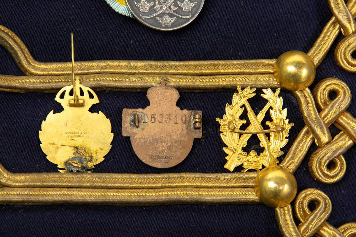 Dolma m/1895. K 4, Smålands husarregemente (gul krage), tre stjärnor på kragen för överste och flygemblem på vänster överarm. På bröstets vänstra: Gustav V:s olympiska medalj 1912. Fältidrottsmärke i guld. Riksidrottsmärke i brons nr 150310. Skyttemärke i guld för frivilliga skytteföreningar.