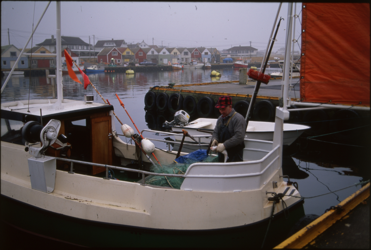 Fiskere ankommer Åkrehamn med sild og torsk. De 14 første bildene er av fangster med sild. Bilde nr. 16 til 19 viser fangst av torsk i garn. 