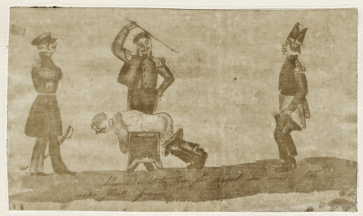 Teckning, föreställande soldat som får prygel av regementsprofossen (ibland kallad regementsväbeln).
Tidigt 1800-tal.