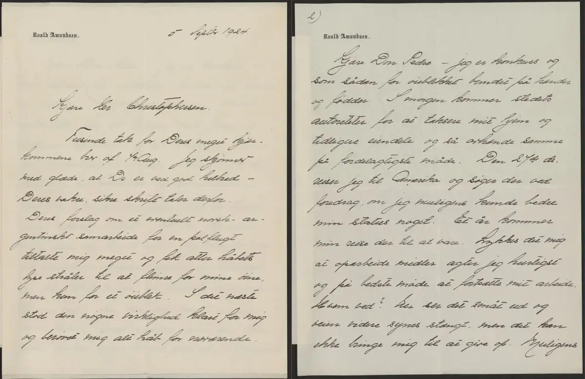 Kilde: Nasjonalbiblioteket, Brev fra Roald Amundsen til Peter (Don Pedro) Christophersen, 5.9.1924