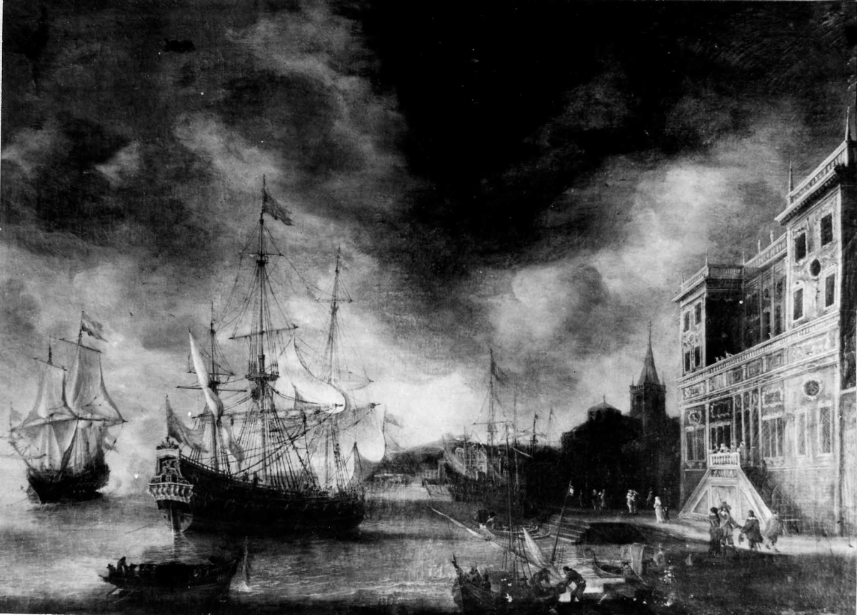 Hamnmotiv (Genua?) med pinass (1600-tal) sedd från styrbords låring, till ankars med spring akter, rikt skulpterat akterparti, märsrårna delvis firade, begin gigad (=segeltorkning?), svensk flagga akter, till vänster i bakgrunden engelskt skepp, t. höger ett palats och kyktorn. I förgrunden liten galär.