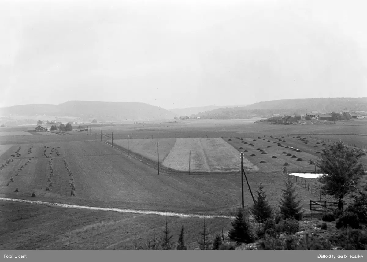 Utsikt fra Småbergåsen over gårdene Tangen 7/11 i Varteig ca. 1910-15.