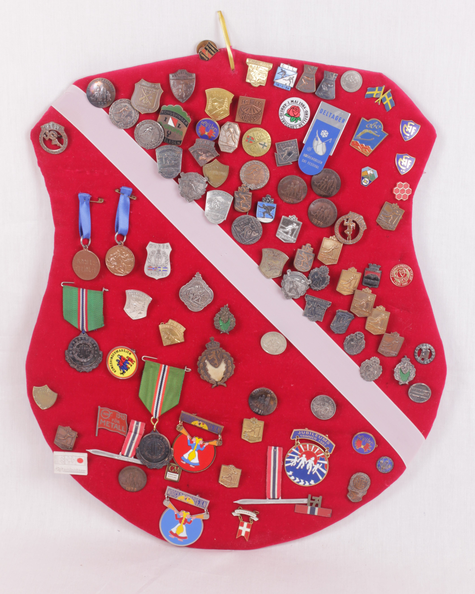 Skjoldformet plate med idrettsmerker. Merkene er pins og medaljer. 

Merkene kommer fra:
Svartbergrennet
Nøkkelvasslonken
UKI-karusellen
Folkelandskampen på ski
1. mai 1984
Finnskogløpet
General Motors
Galterud idrettslag
Holmenkollen skifestival
Odalsløpet
Norsk skiforbund
Solør-Odalsrennet
Vidarløpet
Kongsvingermarsjen
Norgesmarsjen
Hvamseterrennet
Norges Fotballforbund kretsmesterskap
Jubileumstrimmen 1982